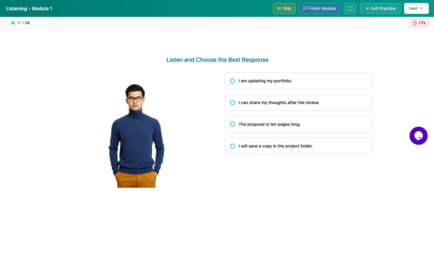 Zistre TOEFL platform — Listening — choose the best response