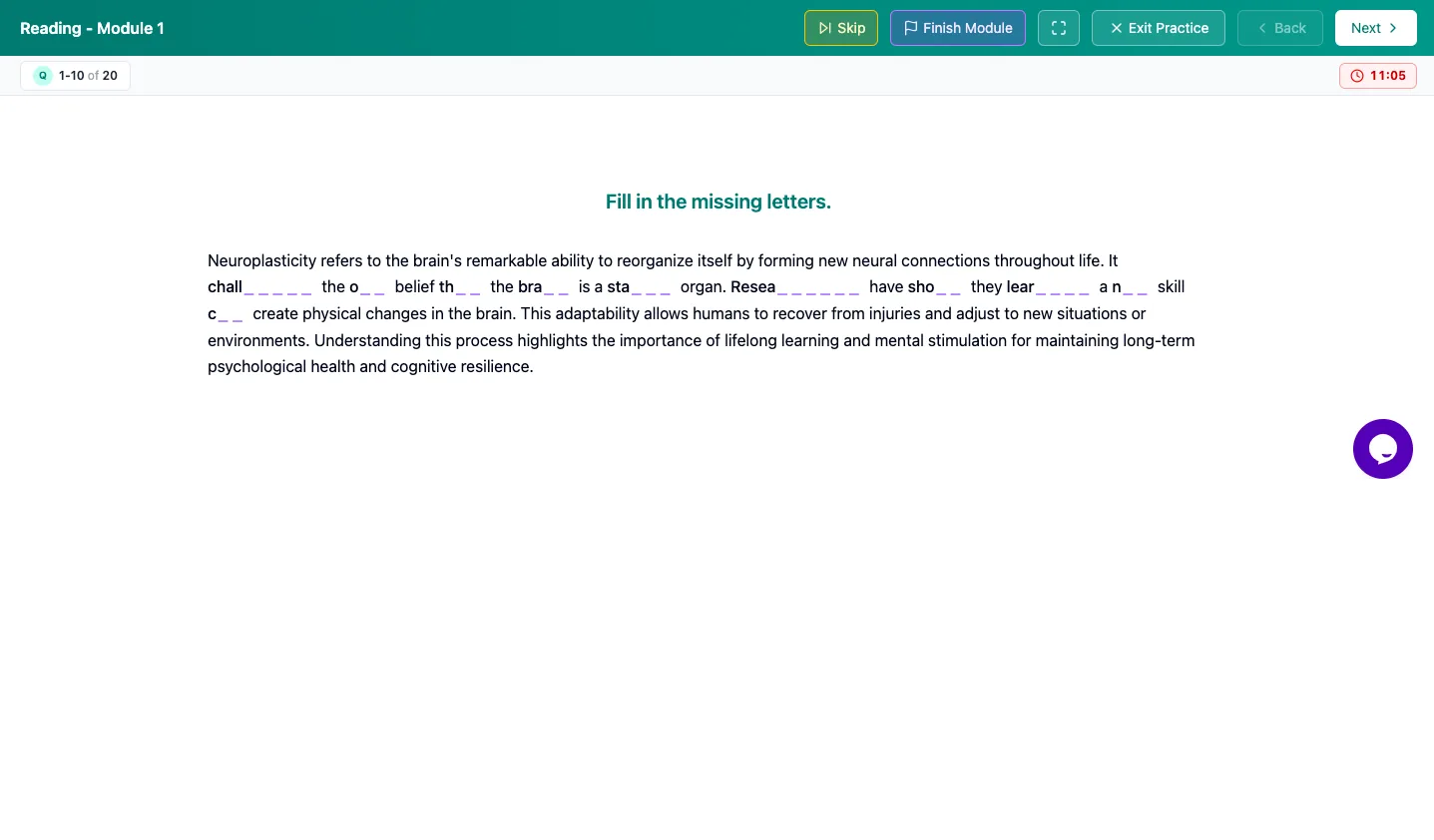 Zistre TOEFL platform — Reading — fill in the missing letters