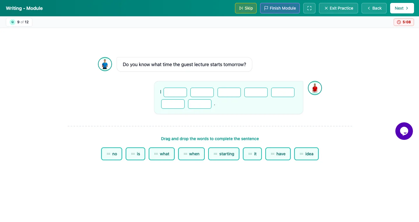 Zistre TOEFL platform — Writing — build a sentence