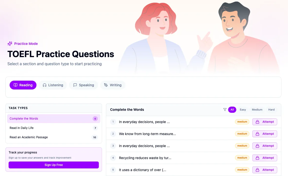 Zistre TOEFL practice question bank with per-type mastery tracking